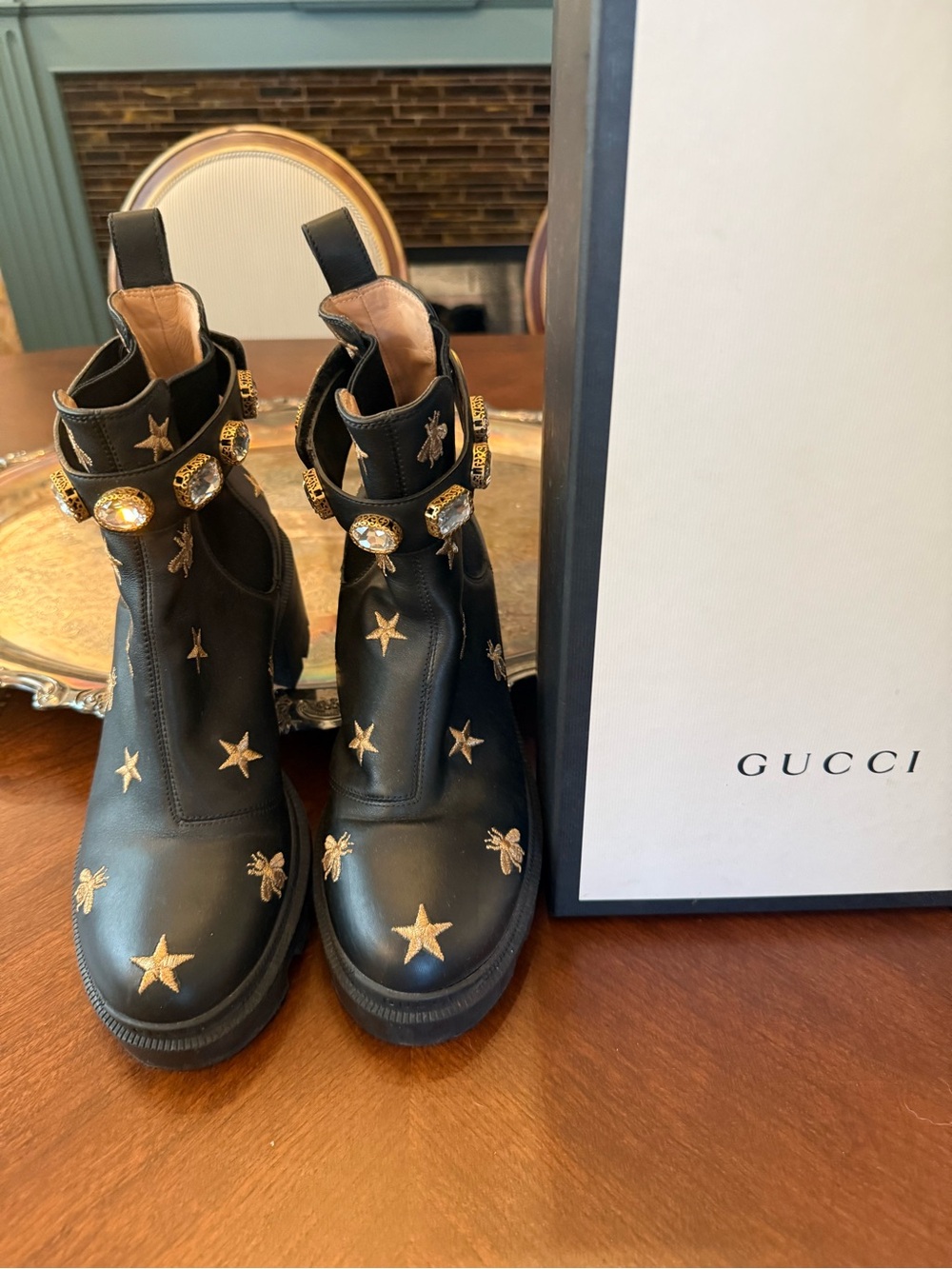 Gucci Black Woman’s Bee & Star Embroidered Chelsea Boots with Jeweled Strap - Picture 5 of 9